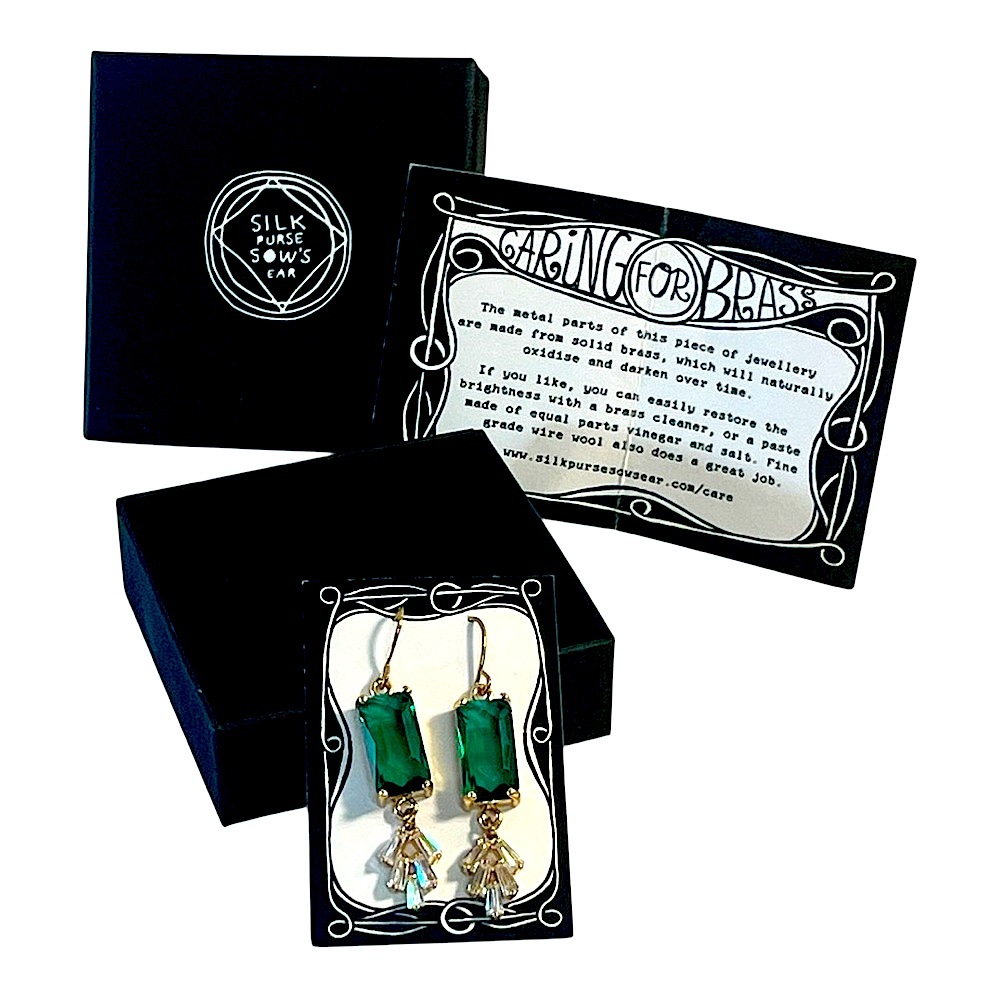 Emerald Green Gold Tone Earrings with Faux Green Emeralds NEW WITH TAGS/BOX - Picture 3 of 13